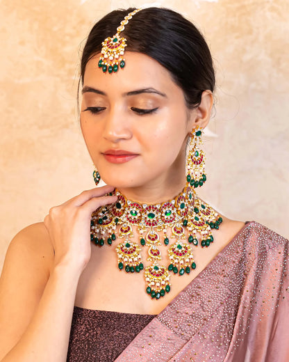 Kundan Choker Set, Green Bead Indian Bridal Handicrafts Fashion Jewelry