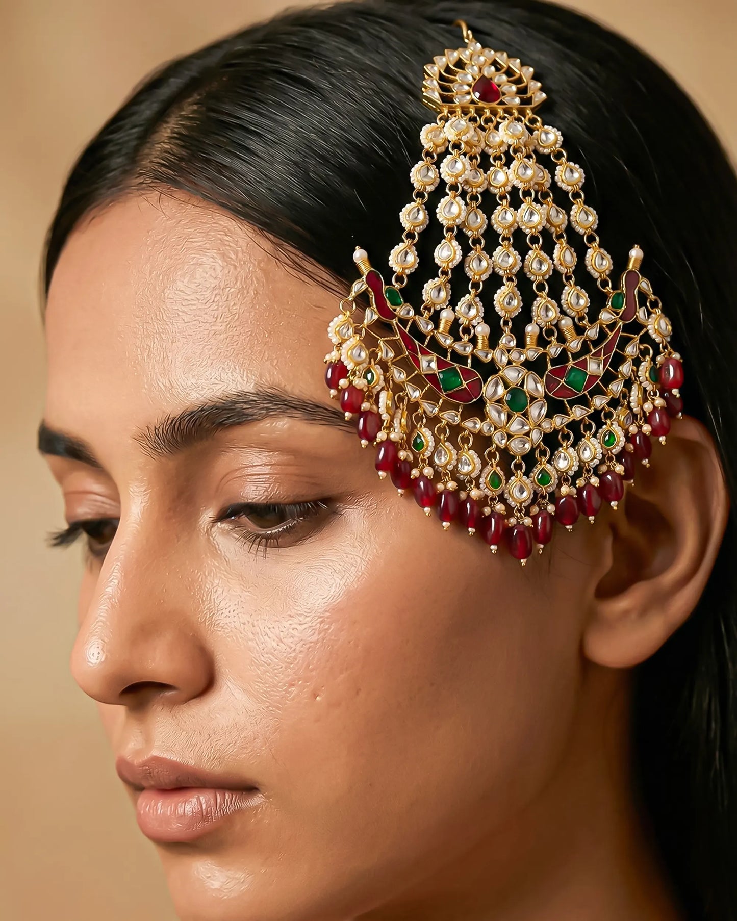 Royal Peacock Kundan Passa Jewelry – Red and Green Stone Bridal Side Headpiece