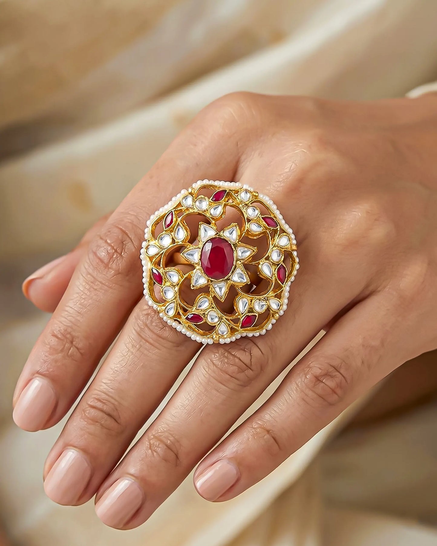 Gold-Plated Kundan Ring, Red Floral Statement Ring, Ethnic Wedding Jewelry