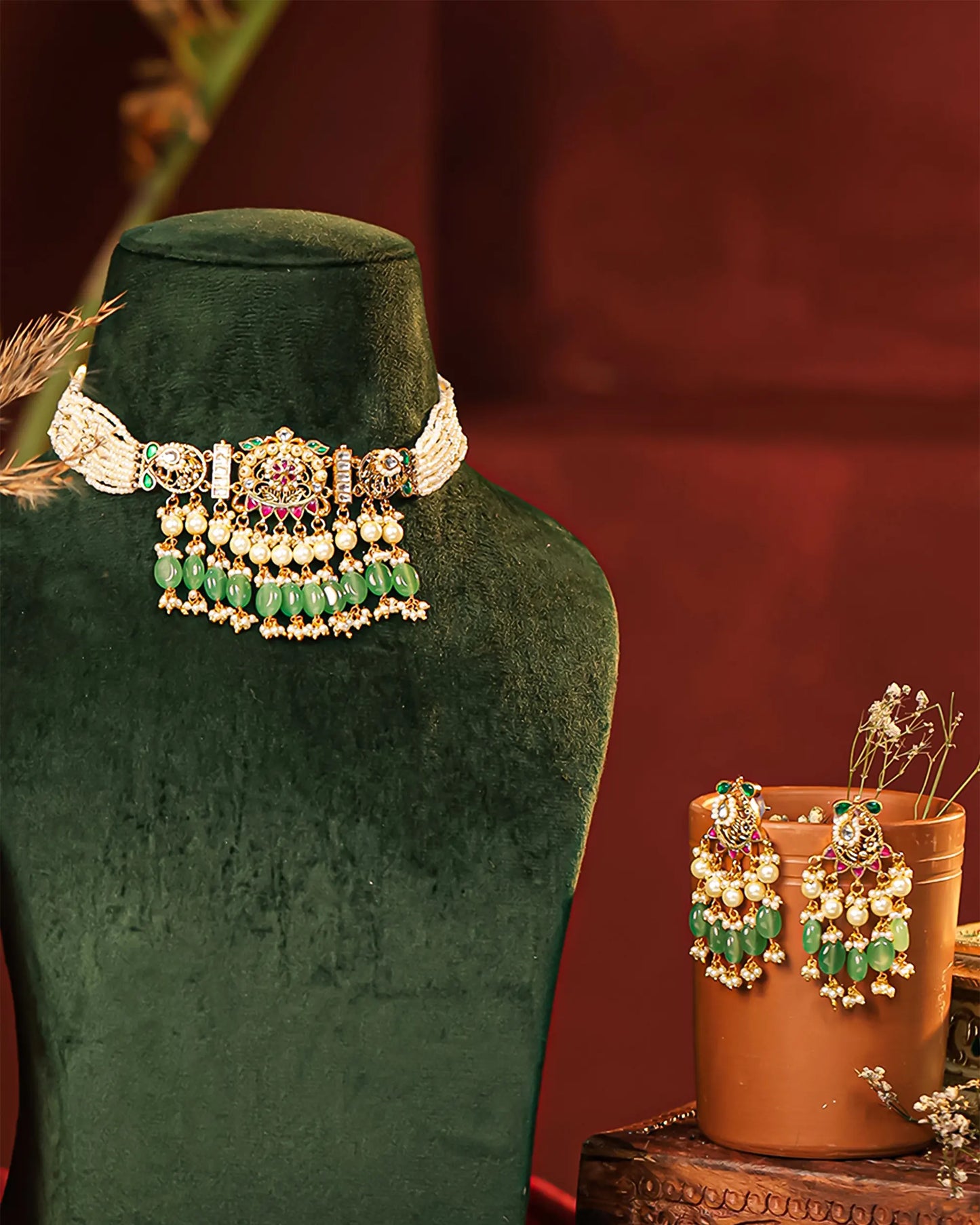 Kundan Pearl Bridal Choker Necklace Set with Green Drops Indian Jewelry