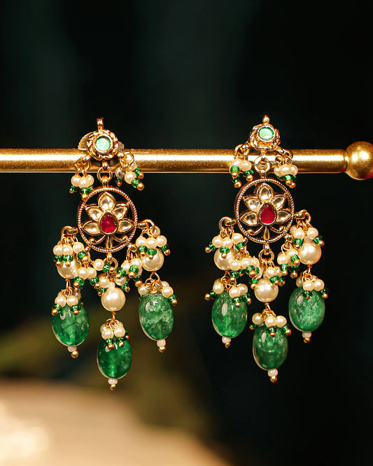 Designer Gold Plated Indian Jewelry Set – Pearl Necklace with Green Stone