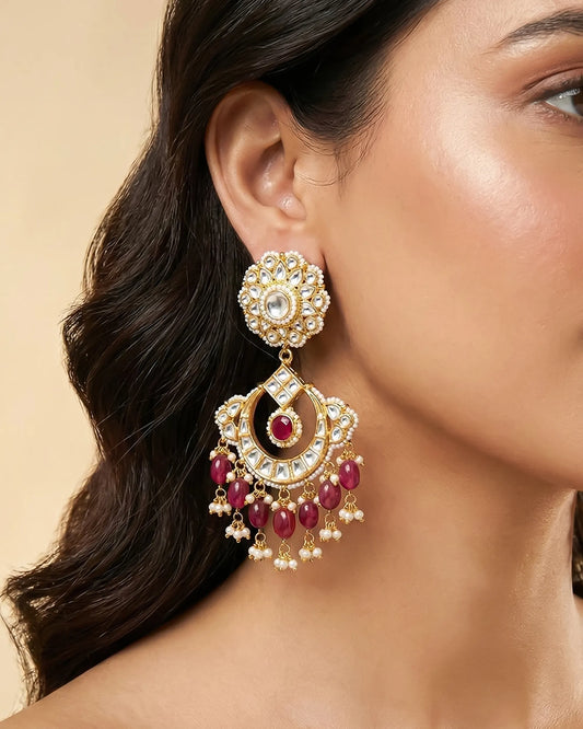 Bridal Jadau Kundan Chandbali Earrings, 18K Gold Plated Ethnic Jewelry with Pink Beads & Pearls