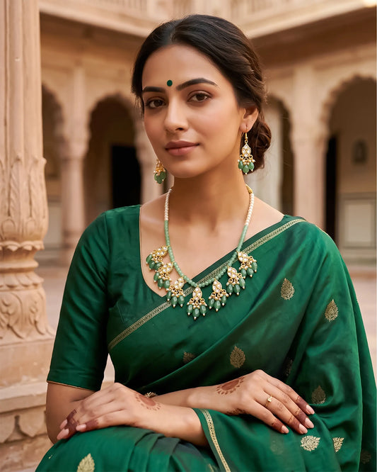 Handmade Kundan Bridal Jewelry Set: Green Beads and Pearls Necklace Earrings Jewelry