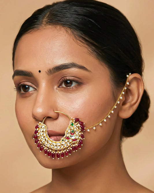 Kundan Bridal Nath – 18k Gold Plated Crescent Nose Ring with Red Beads
