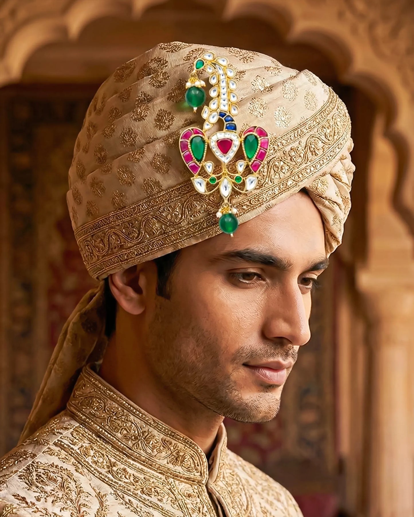 Peacock Rajwadi Kalingi, Gold-Plated Groom Safa, Kundan Polki Jewelry