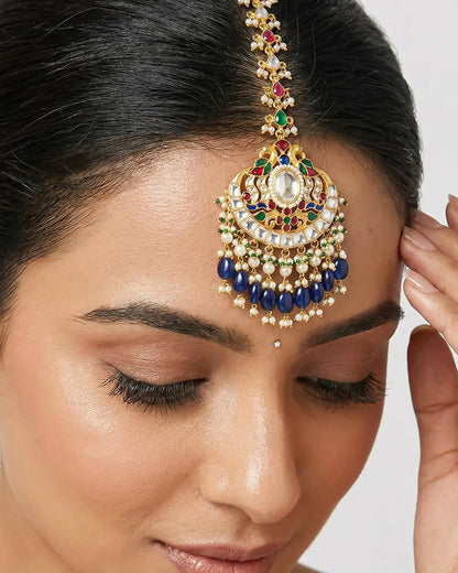 Royal Peacock Kundan Maang Tikka with Blue Bead Drops – Traditional Indian Bridal Head Jewelry