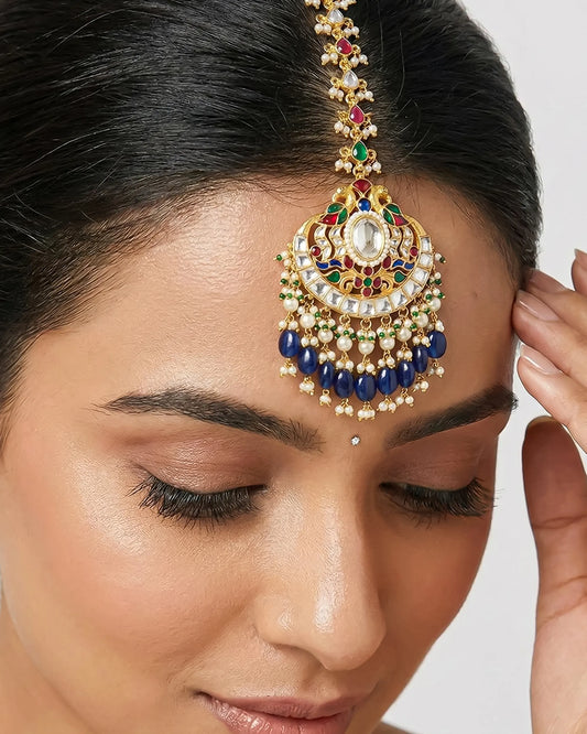 Royal Peacock Kundan Maang Tikka with Blue Bead Drops – Traditional Indian Bridal Head Jewelry