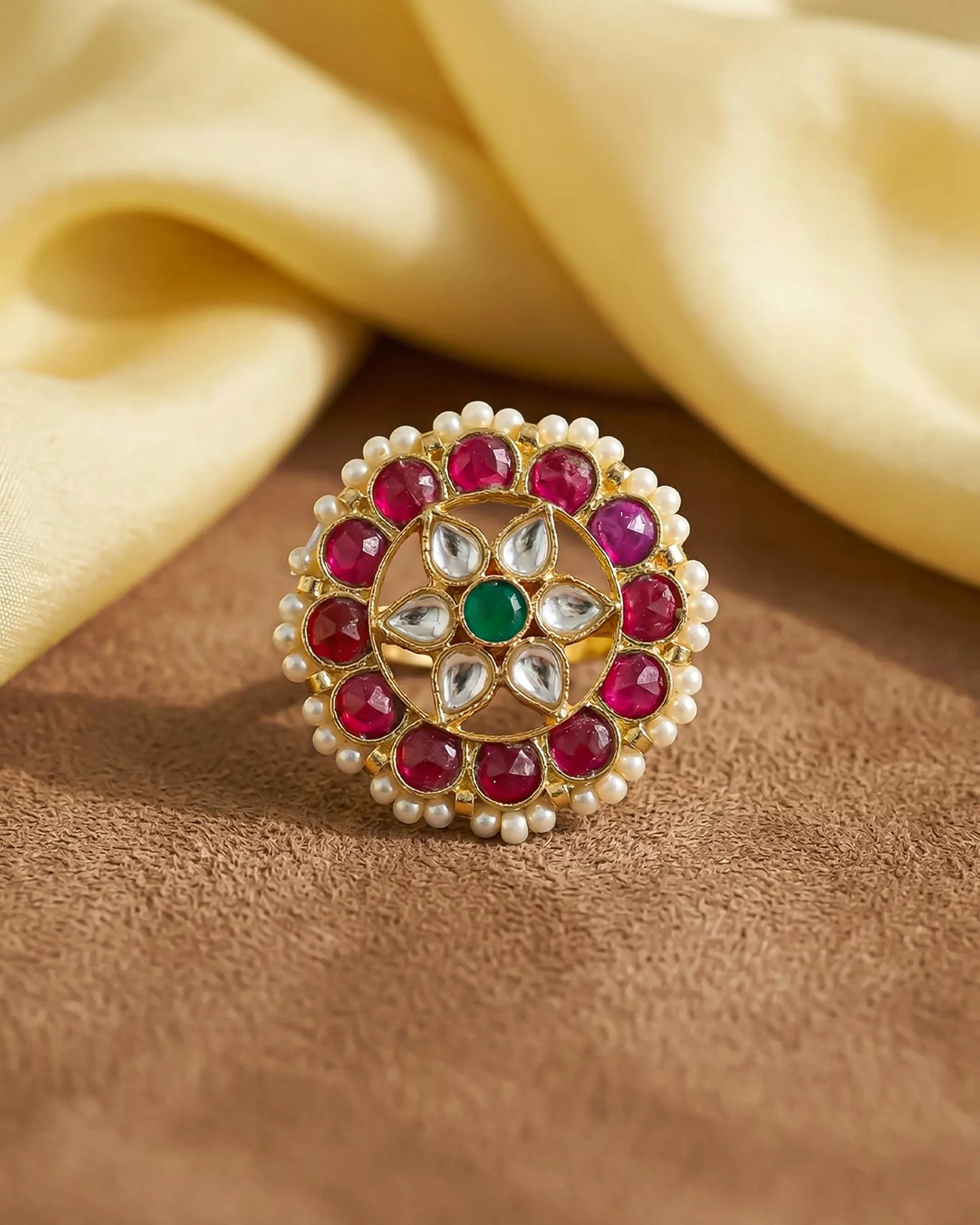 Multicolor Kundan Statement Ring 18k Gold Plated Pink Green Pearl Adjustable Jewelry