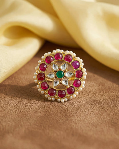 Multicolor Kundan Statement Ring 18k Gold Plated Pink Green Pearl Adjustable Jewelry