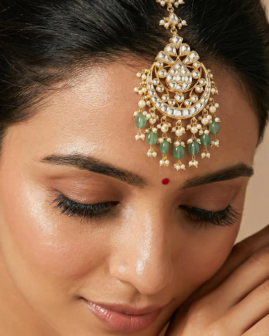 Kundan Maang Tikka, Chand Shape, Polki, Pearl & Green Drops, Jadau Indian Bridal Jewelry