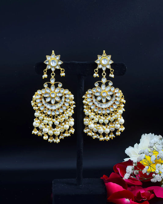 18K Gold Plated Chandbali Earrings, Jadau Polki, Pearl Drop Fringe Jewelry