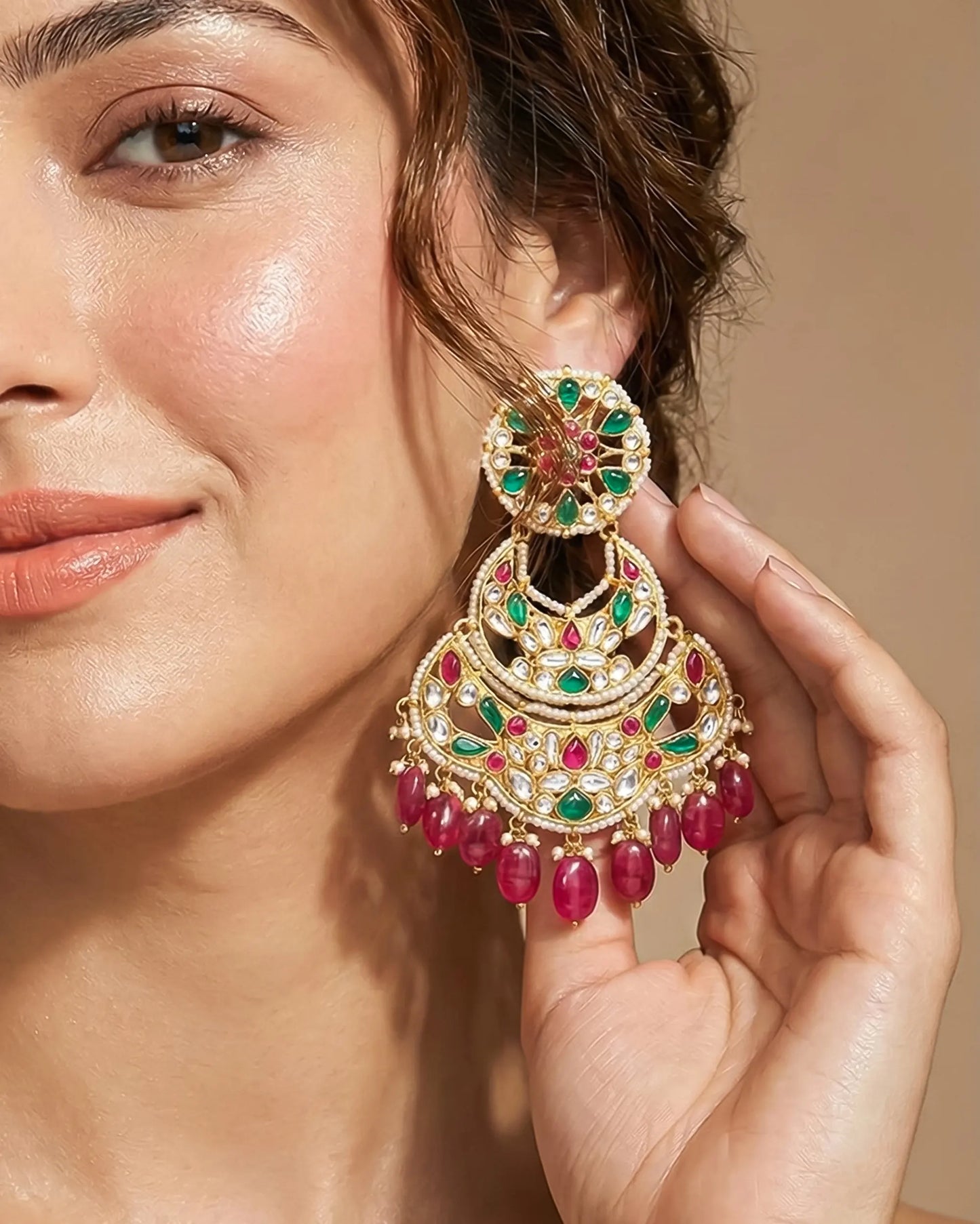 Handcrafted Jadau Chandbali Earrings, 18K Gold Plated, Ruby & Green Stone Indian Jewelry