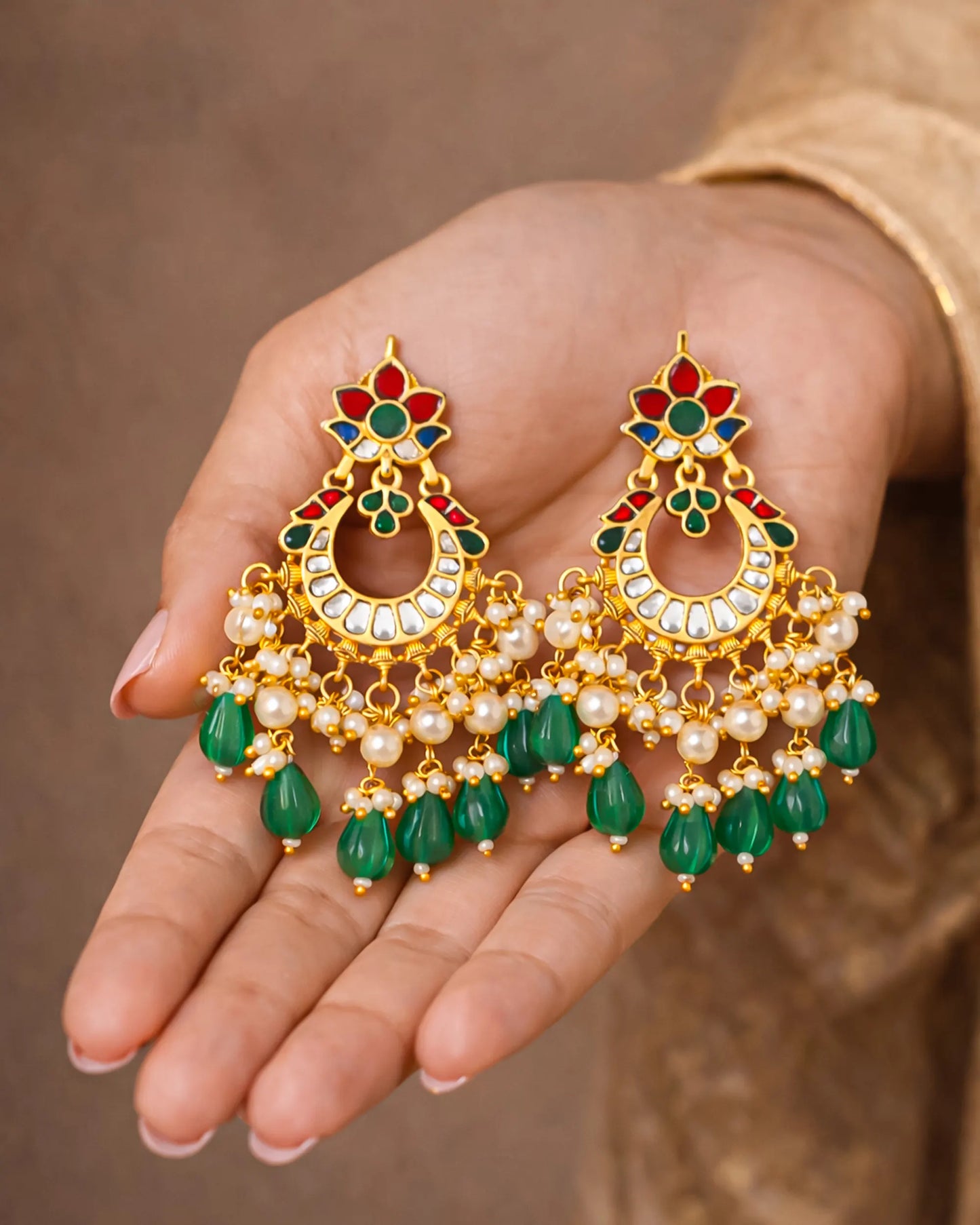 Handmade Jadau Chandbali Earrings, 18K Gold Plated Polki Green Beads Jewelry