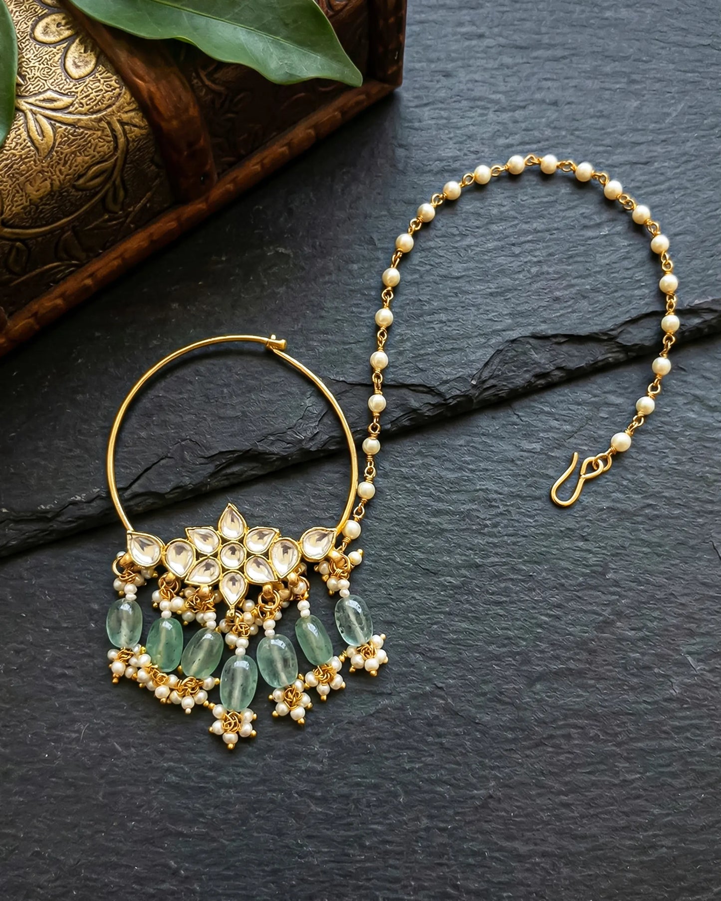 Floral Kundan Bridal Nath – Gold Plated Wedding Nose Ring with Pearl Chain