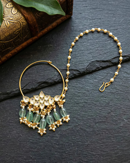 Floral Kundan Bridal Nath – Gold Plated Wedding Nose Ring with Pearl Chain