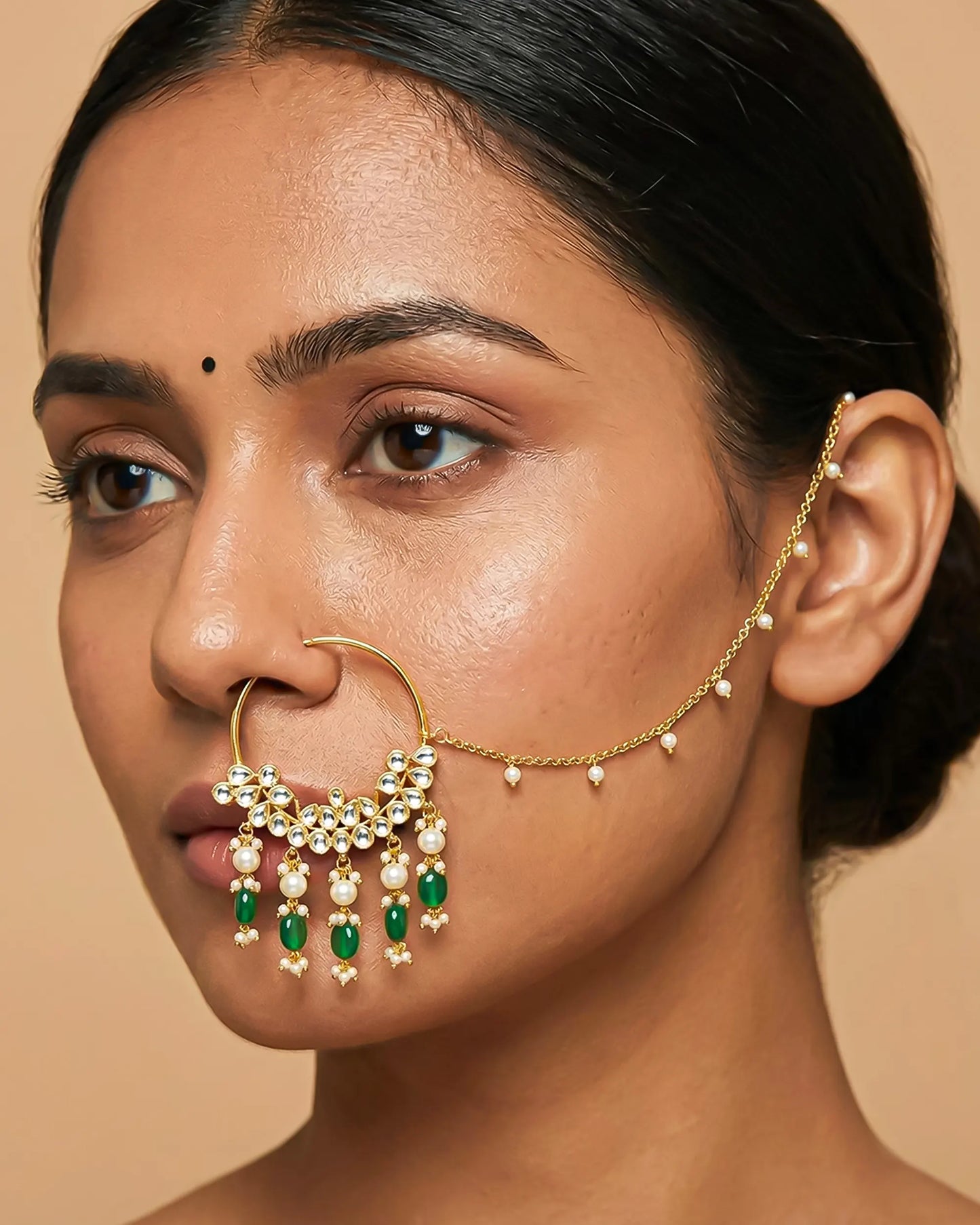 Kundan Bridal Nath – Gold Plated Wedding Nose Ring with Pearl, Green Bead Drops