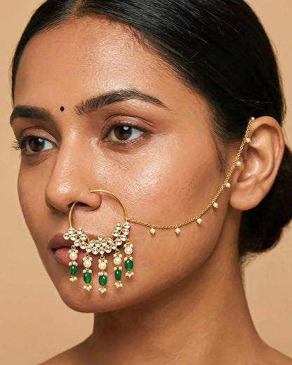 Kundan Bridal Nath – Gold Plated Wedding Nose Ring with Pearl, Green Bead Drops