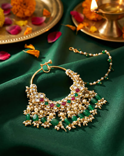 Royal Kundan Bridal Nath – Green Beaded Indian Wedding Nose Ring
