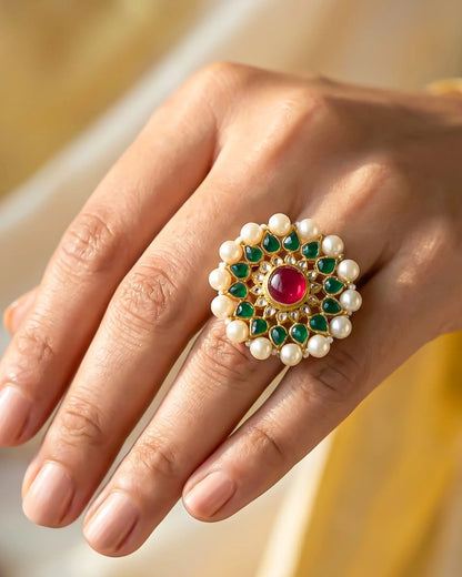 Handcrafted Kundan Ring, Pearl Gold-Plated, Indian Bridal Adjustable Jewelry