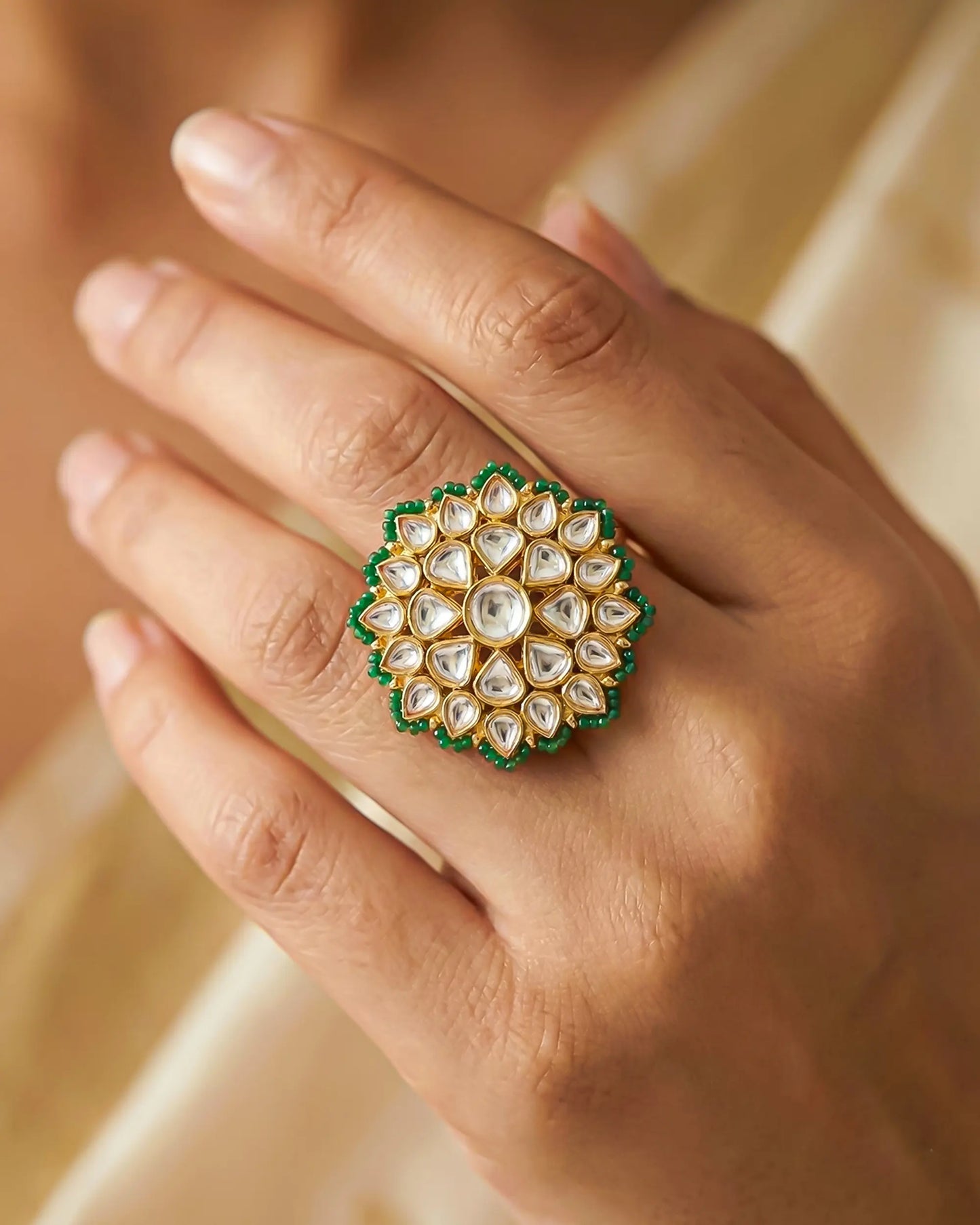 Gold-Plated Kundan Adjustable Ring for Women | Green Beaded Floral Statement Traditional Ethnic Cocktail Ring