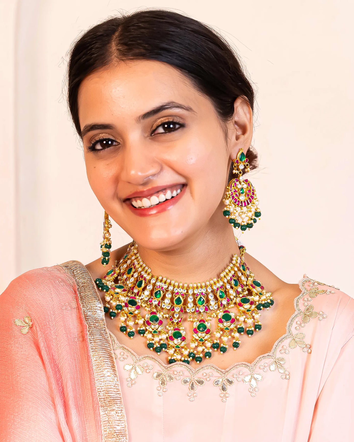 Kundan Choker Necklace Set Indian Bridal Jewelry with Green Beads