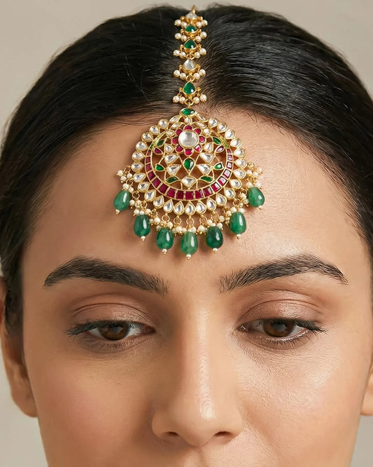 Kundan Maang Tikka, Jadau Floral Forehead Jewelry with Pearl & Green Drops