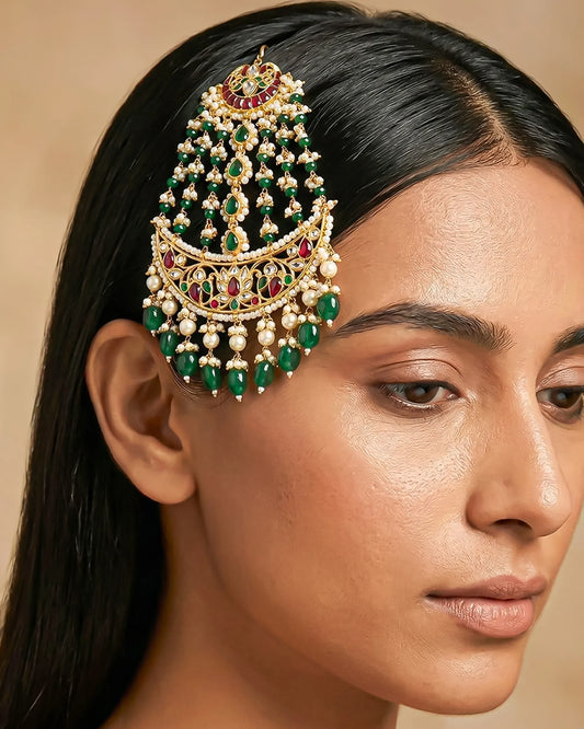 Mughal Bridal Kundan Passa – Gold-Toned Green Beads Pearl Drops Headpiece