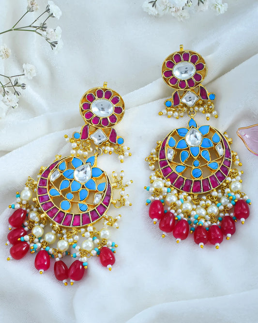 Gold Plated Kundan Chandbali Earrings with Pearl Drops
