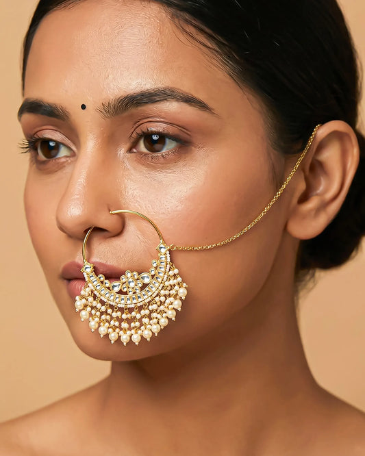 Pearl Bridal Nath, Kundan Gold Plated Indian Wedding Nose Ring, Traditional Dulhan Jewelry