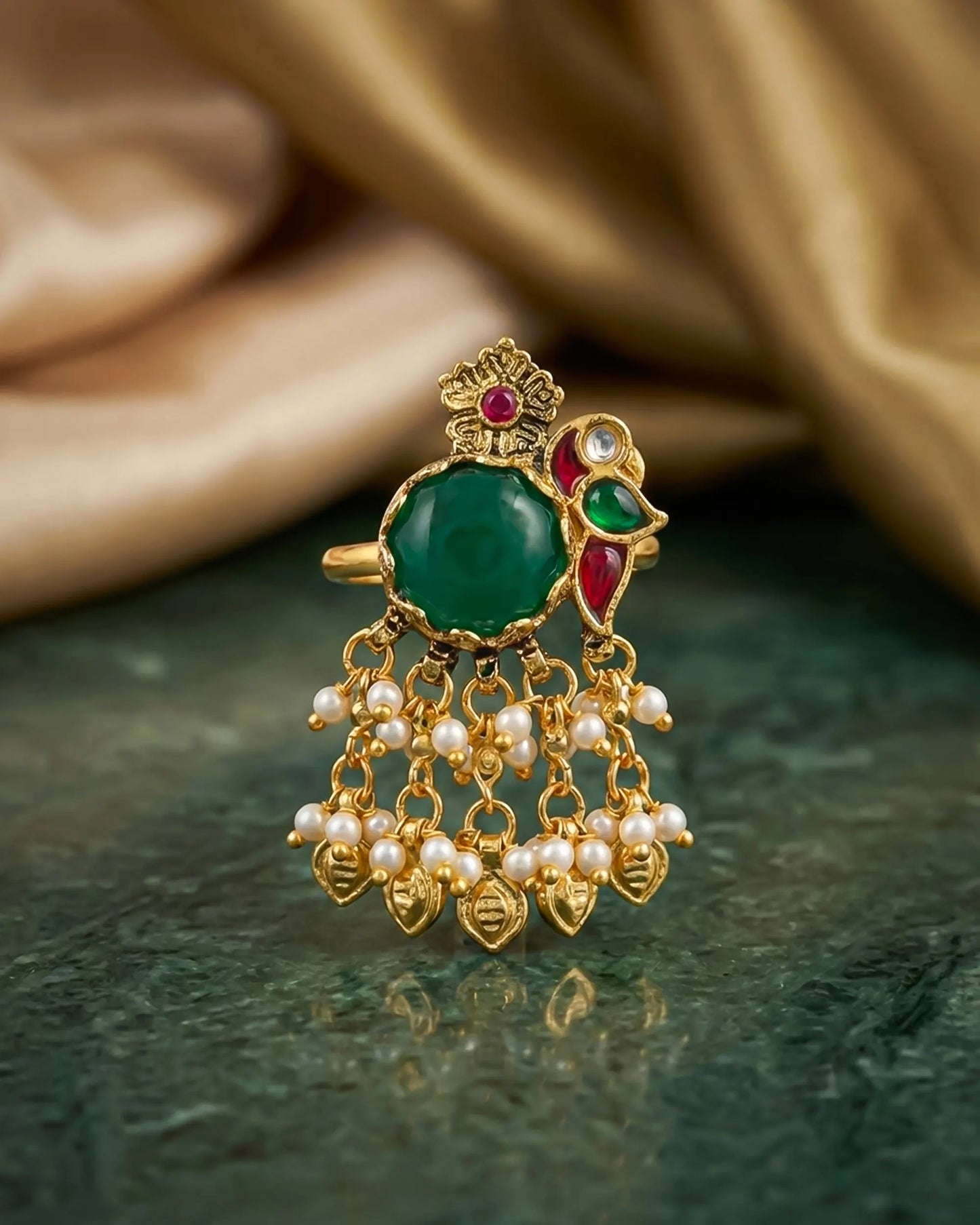 Green Kundan Jhumki Ring with Pearls, 18k Gold Plated Adjustable Statement Ring