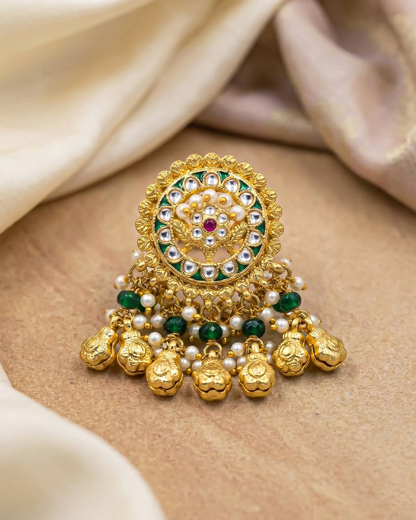 18k Gold Plated Kundan Statement Ring Green Pearl Bridal Adjustable Ring Jewelry