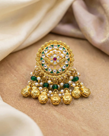 18k Gold Plated Kundan Statement Ring Green Pearl Bridal Adjustable Ring Jewelry