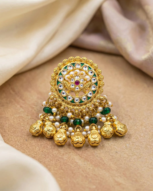 18k Gold Plated Kundan Statement Ring Green Pearl Bridal Adjustable Ring Jewelry