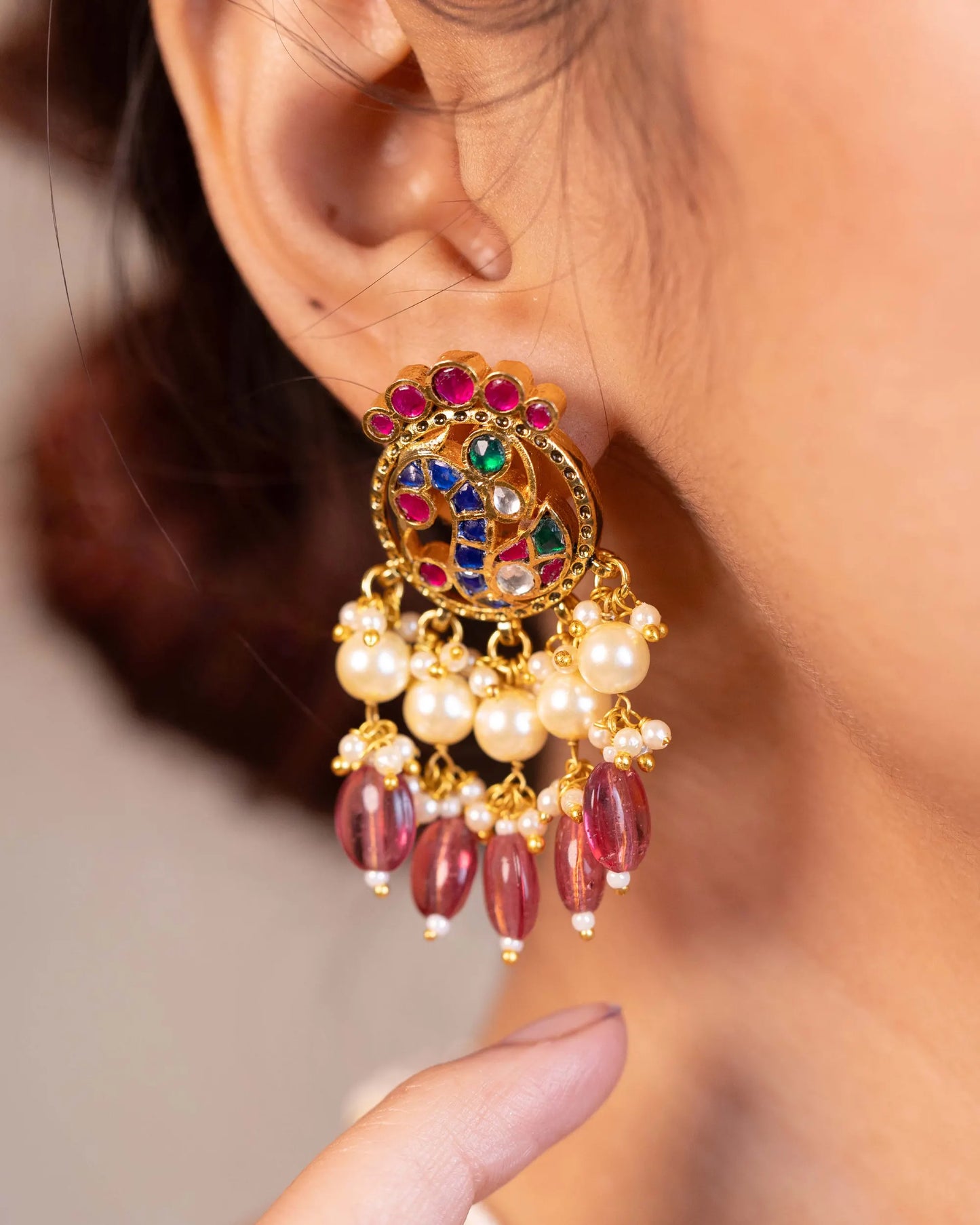 Peacock Kundan Choker Set with Pearl Earrings, Bridal Wedding Necklace Traditional Jewelry