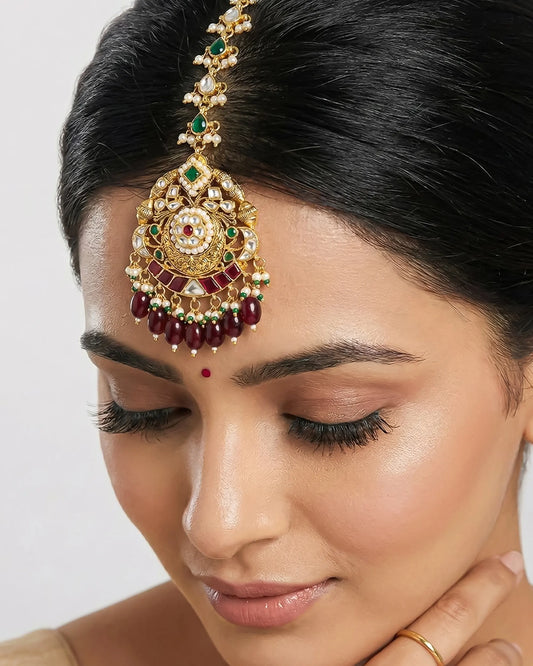 Antique Gold Kundan Maang Tikka, Red Green Pearl Bridal Forehead Jewelry