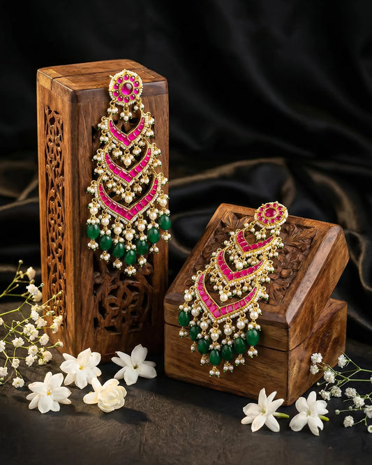 18K Gold Plated Jadau Earring, Semi Precious Stones Pearl, Indian Bridal Jewelry