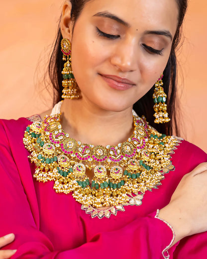 Traditional Kundan Choker Set, Gold Plated Bridal Necklace, Green Bead Earrings Jewelry Gift