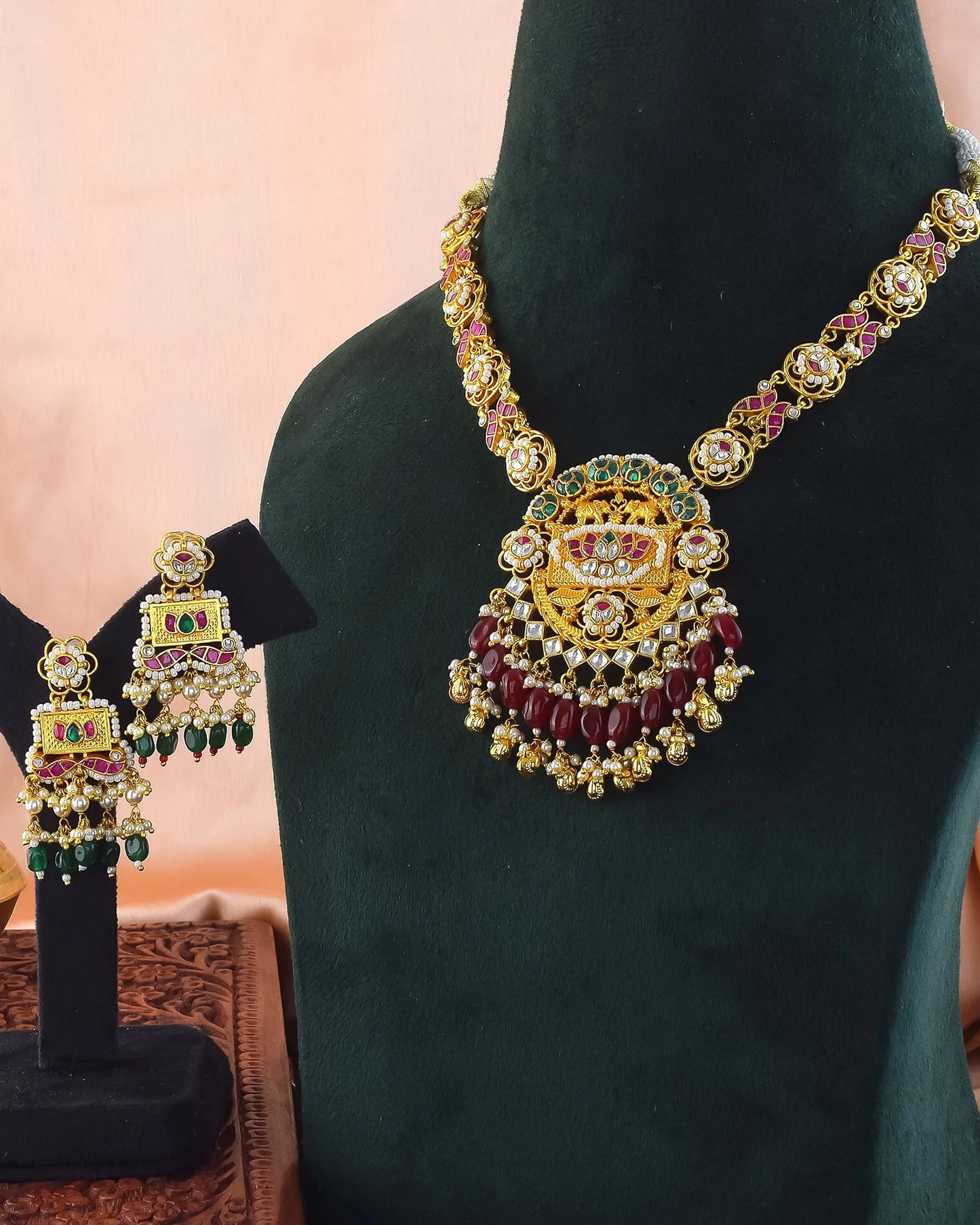 Kundan Lotus Necklace Set with Pearl Beads, 18K Gold-Plated Indian Jewelry
