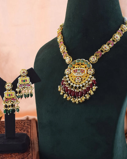 Kundan Lotus Necklace Set with Pearl Beads, 18K Gold-Plated Indian Jewelry
