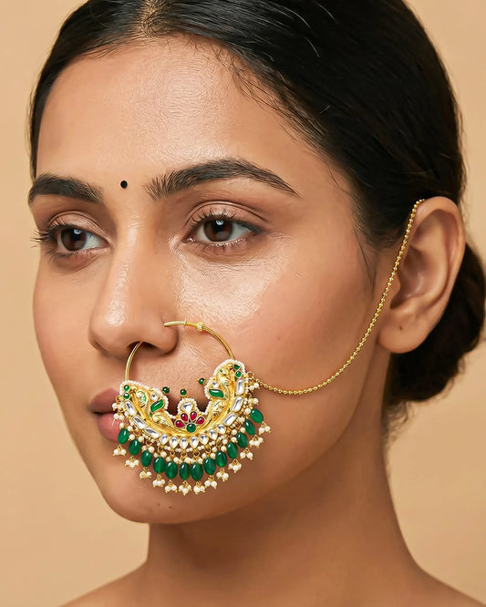Green Kundan Bridal Nath with Pearl Drops, Gold Plated Indian Wedding Nose Ring