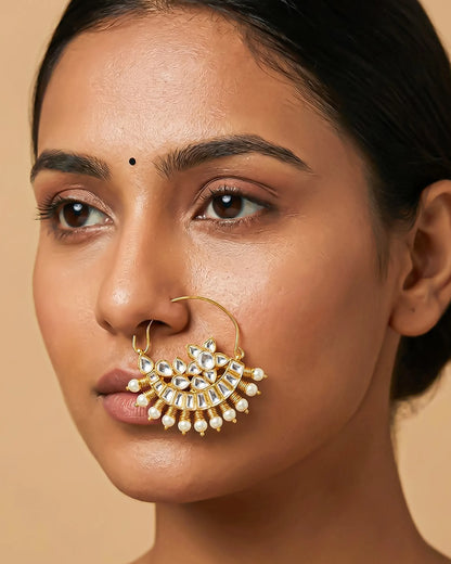 Kundan Pearl Bridal Nath – 18k Gold Plated Floral Wedding Nose Ring Jewelry