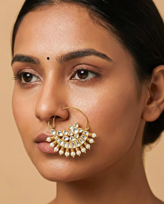 Kundan Pearl Bridal Nath – 18k Gold Plated Floral Wedding Nose Ring Jewelry
