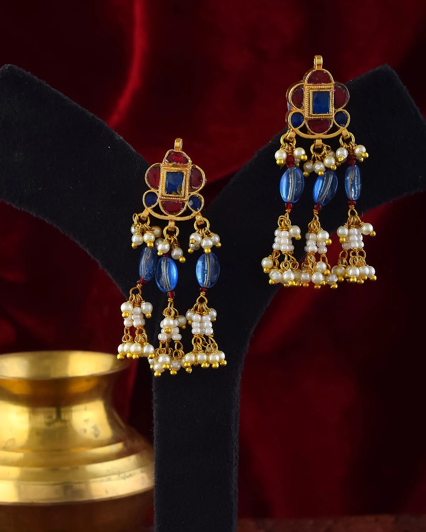 Handcrafted Kundan Choker Set Jewelry, Red & Blue Stone, Pearl Necklace
