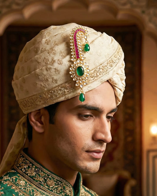 Handmade Gold Plated Rajwadi Groom Kalingi, Multi-Gemstone Indian Wedding Safta Ornament