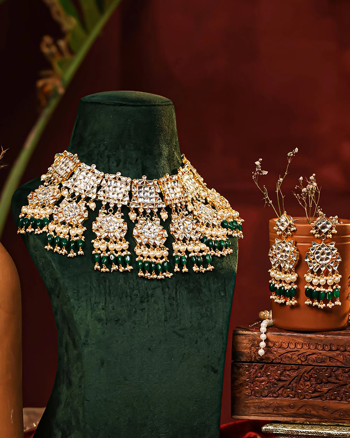 Pearl Kundan Choker Set, Green Bead Fringe Indian Bridal Necklace with Earrings