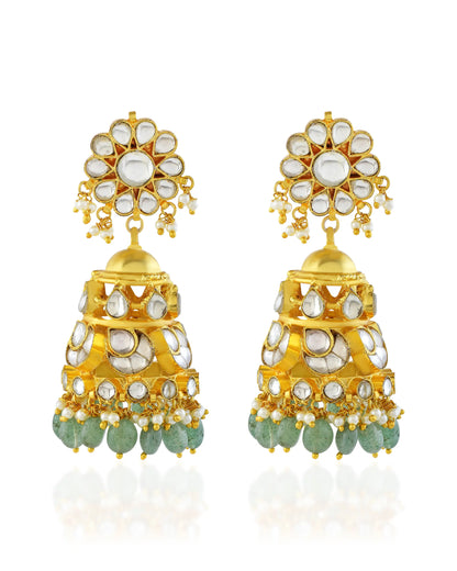 Gold Plated Kundan Jhumka Earrings with Green Beads