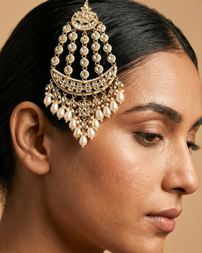 Royal Kundan Pearl Bridal Passa – 18k Gold Plated Mughal Side Headpiece Jewelry