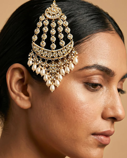 Royal Kundan Pearl Bridal Passa – 18k Gold Plated Mughal Side Headpiece Jewelry