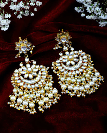 Gold Plated Kundan Chandbali Earrings with Pearl Drops