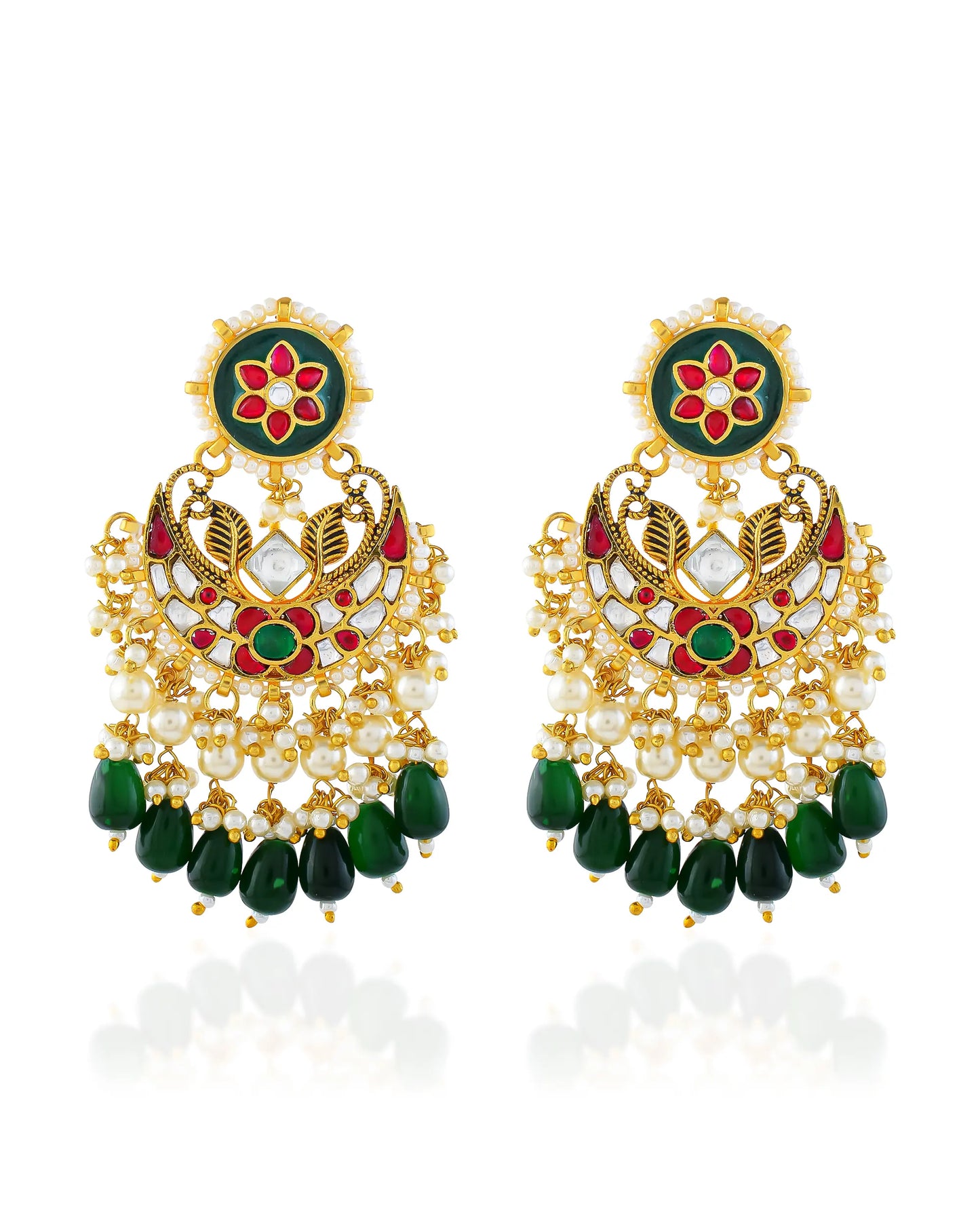 Polki Pearl and Green Drop Chandbali Earrings